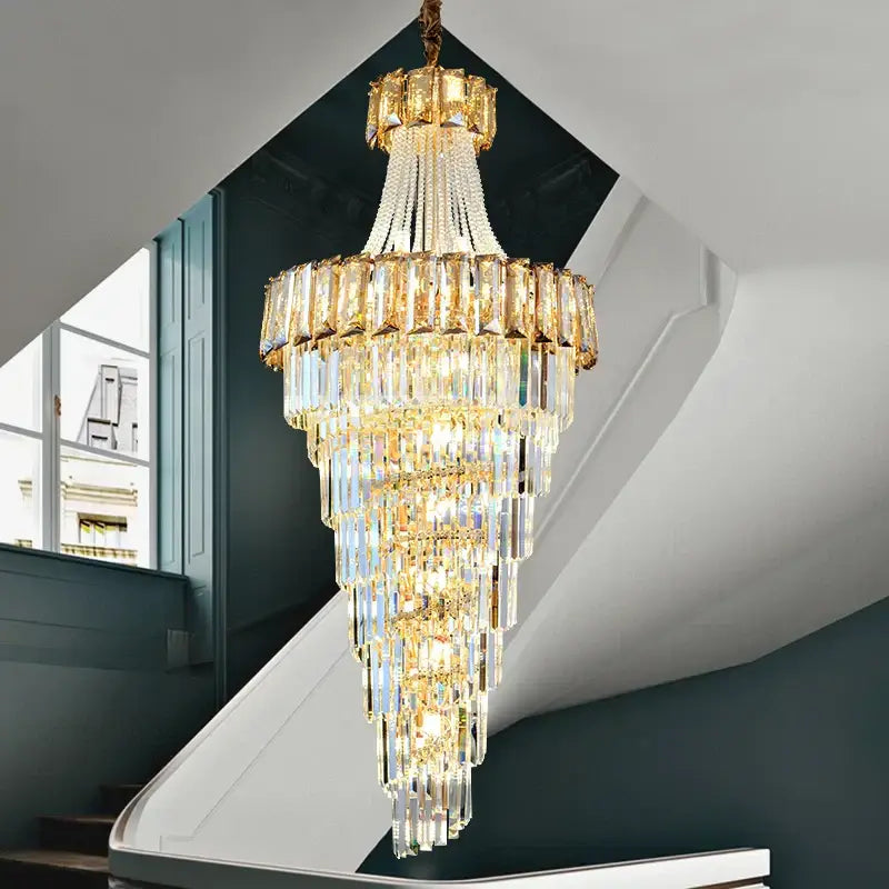 Decorbites elegant crystal multi-tiered chandelier with cascading prisms and gold metal accents for living room staircase