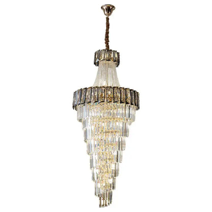 Decorbites elegant crystal chandelier with cascading glass prisms and dark metal accents for living room spiral staircase