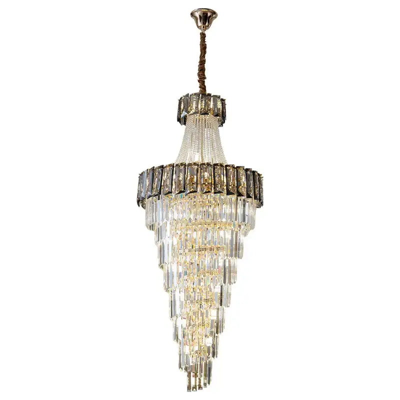 Decorbites elegant crystal chandelier with cascading glass prisms and dark metal accents for living room spiral staircase