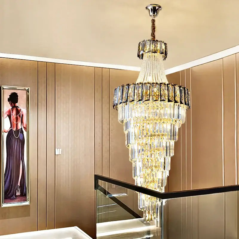 Decorbites elegant crystal chandelier with cascading rectangular and cylindrical prisms for living room spiral staircase