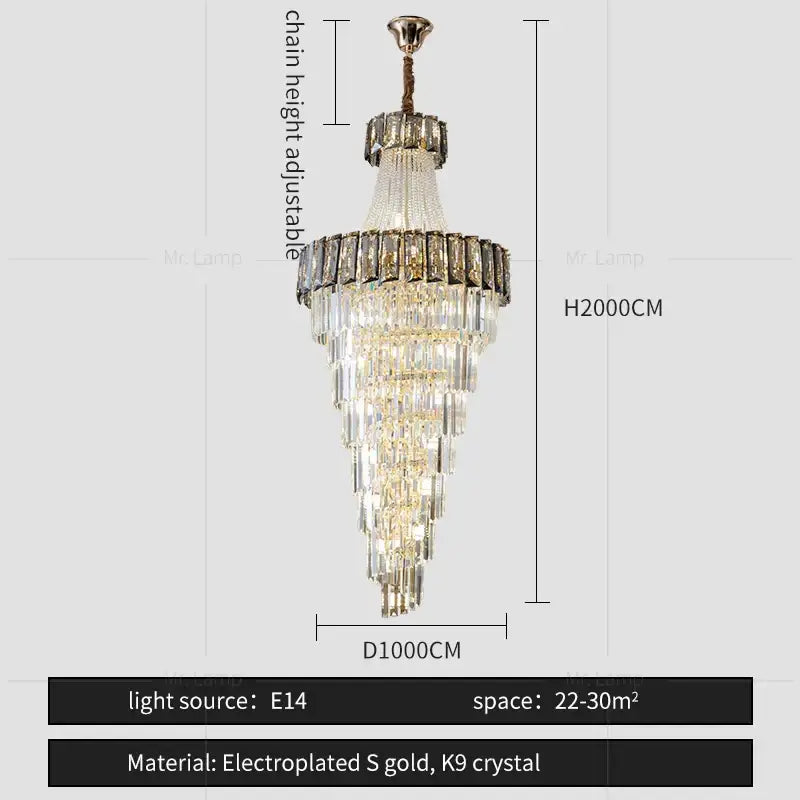 Elegant crystal chandelier by Decorbites with tiered k9 crystal prisms and gold electroplated accents for living room