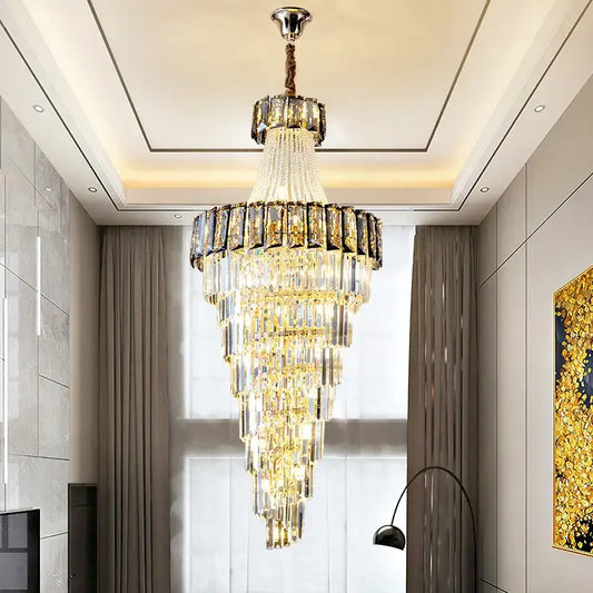 Decorbites elegant crystal chandelier with cascading golden and clear faceted crystals for living room staircase