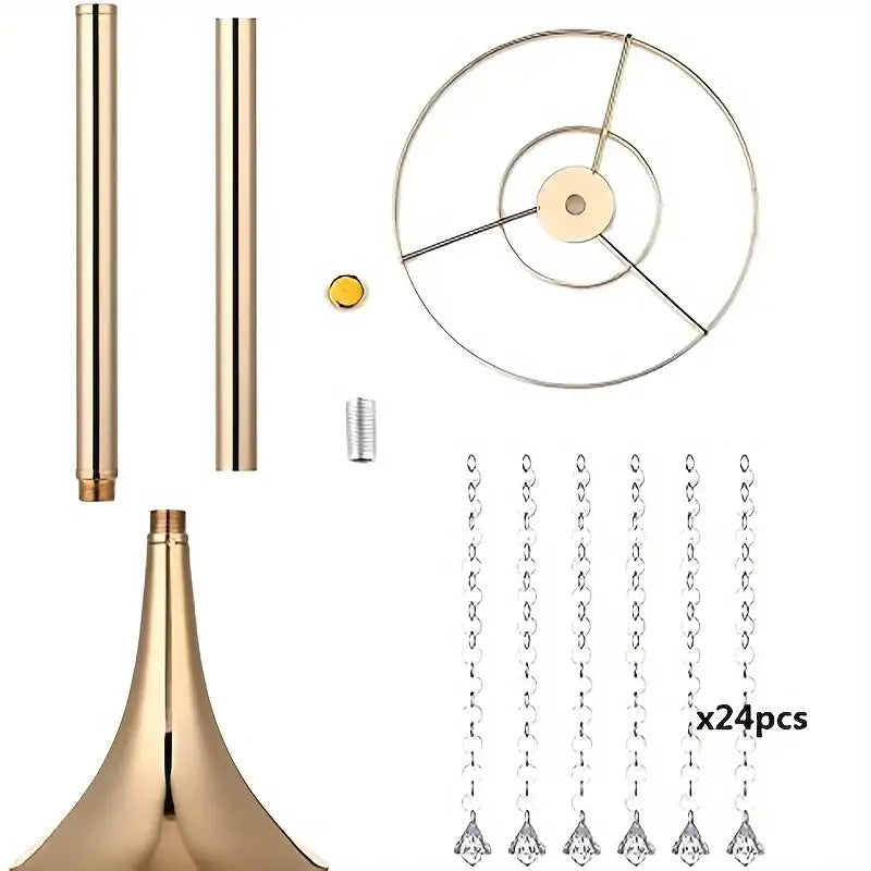 Gold-finished metal crystal flower stand with clear crystal chain pendants for elegant event decor by DecorBites