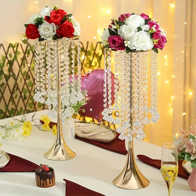 DecorBites™ elegant gold-toned crystal flower stand with clear beads and artificial red white pink roses centerpiece for events