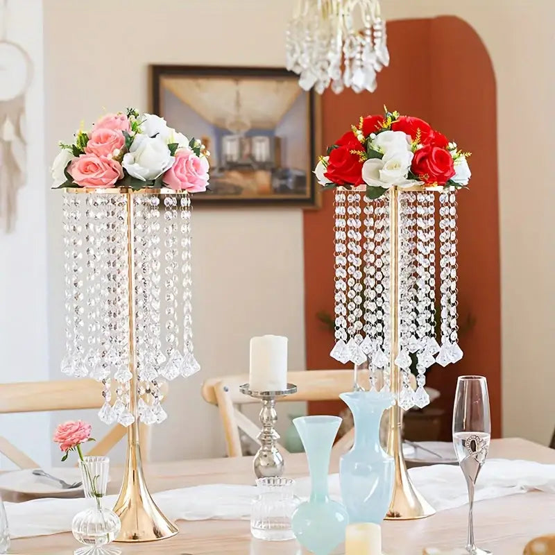 Decorbites™ elegant crystal flower stand set features gold-toned crystal flower centerpieces with cascading beads and floral arrangements
