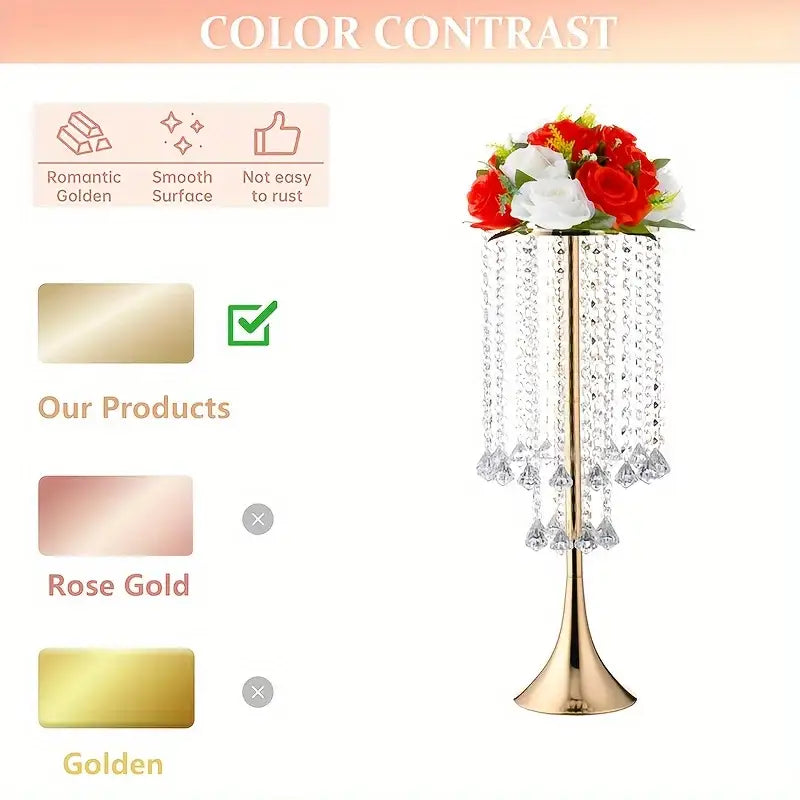 Romantic golden crystal flower stand centerpiece with cascading crystal droplets and floral arrangement for events