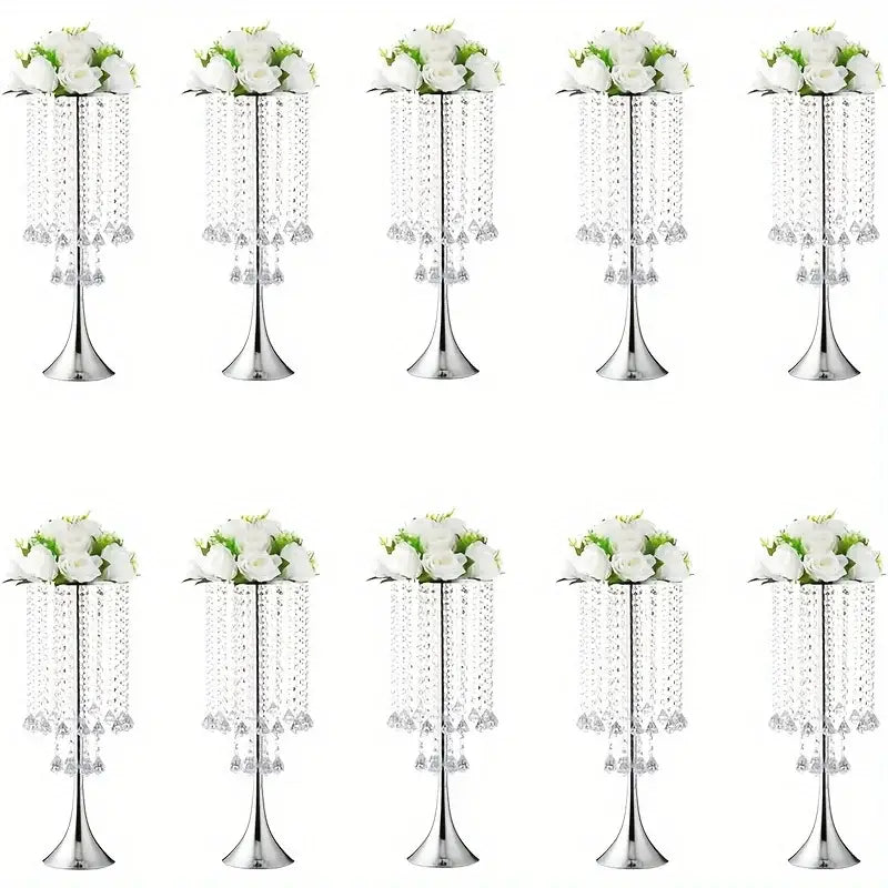 Silver crystal flower stand centerpiece with dangling clear beads and white artificial roses for elegant events