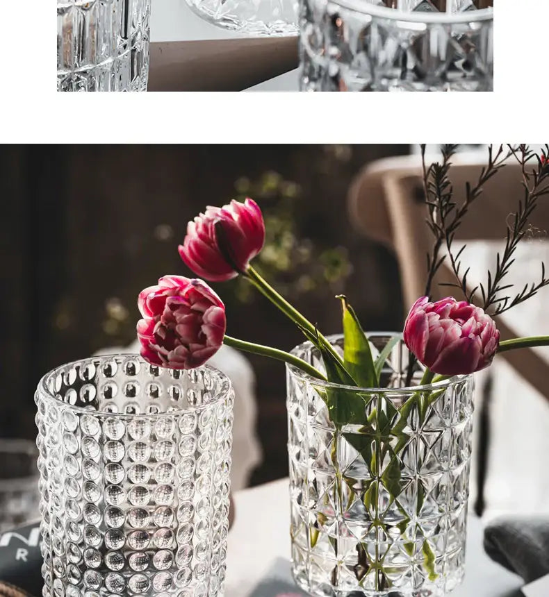 DecorBites™ elegant crystal glass vase with textured faceted surface holds vibrant pink tulips for flower arrangement
