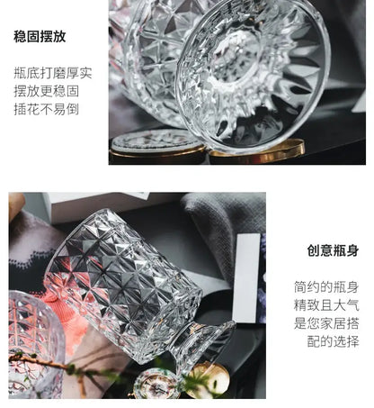 DecorBites elegant crystal glass vase with a clear faceted geometric pattern and sturdy base for flower arrangement