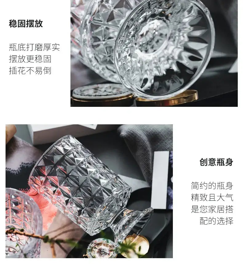 DecorBites elegant crystal glass vase with a clear faceted geometric pattern and sturdy base for flower arrangement