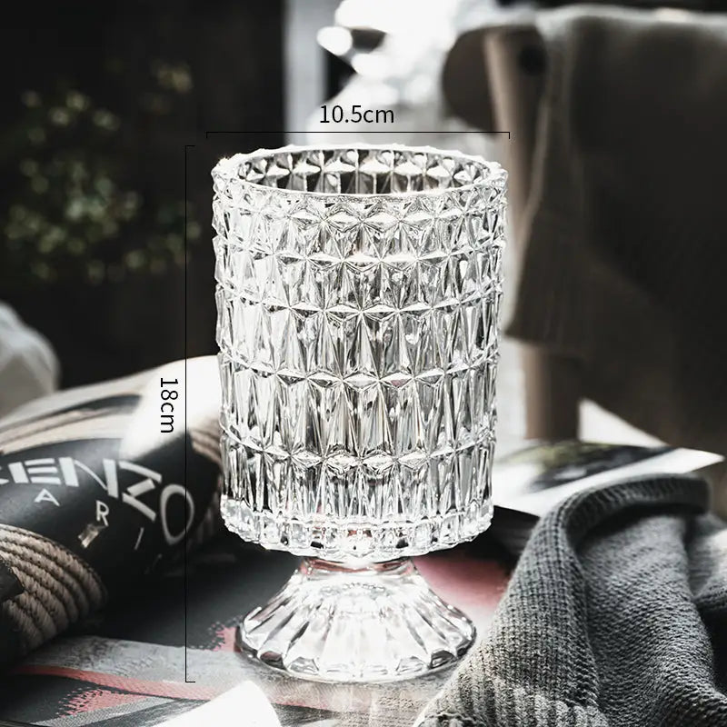 DecorBites™ elegant clear crystal glass vase with faceted geometric pattern and fluted pedestal base for flower arrangement