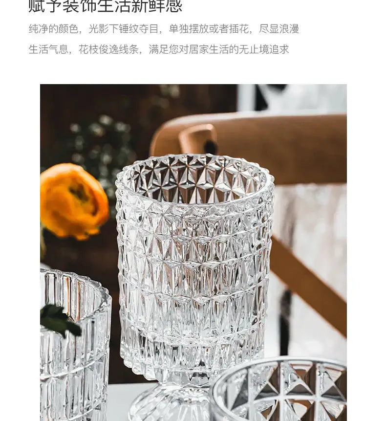 DecorBites™ elegant crystal glass vase with faceted geometric pattern and fluted base for flower arrangement
