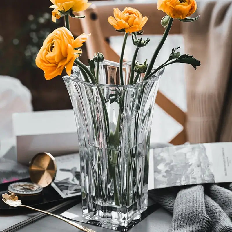 DecorBites™ elegant crystal glass vase with modern geometric design for flower arrangement in clear faceted glass