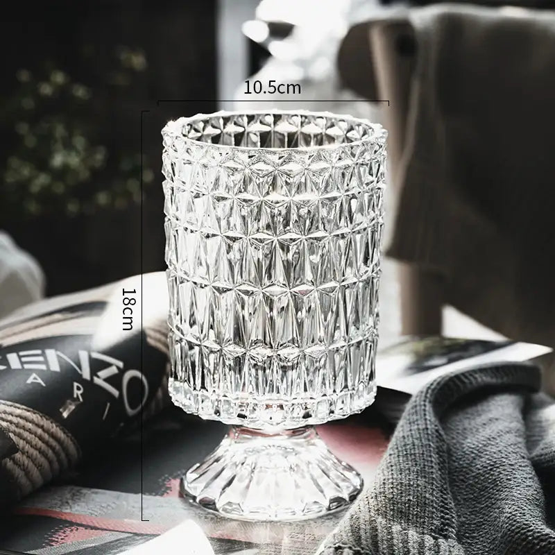 Decorbites™ elegant clear crystal glass vase with faceted geometric pattern and fluted base for flower arrangement