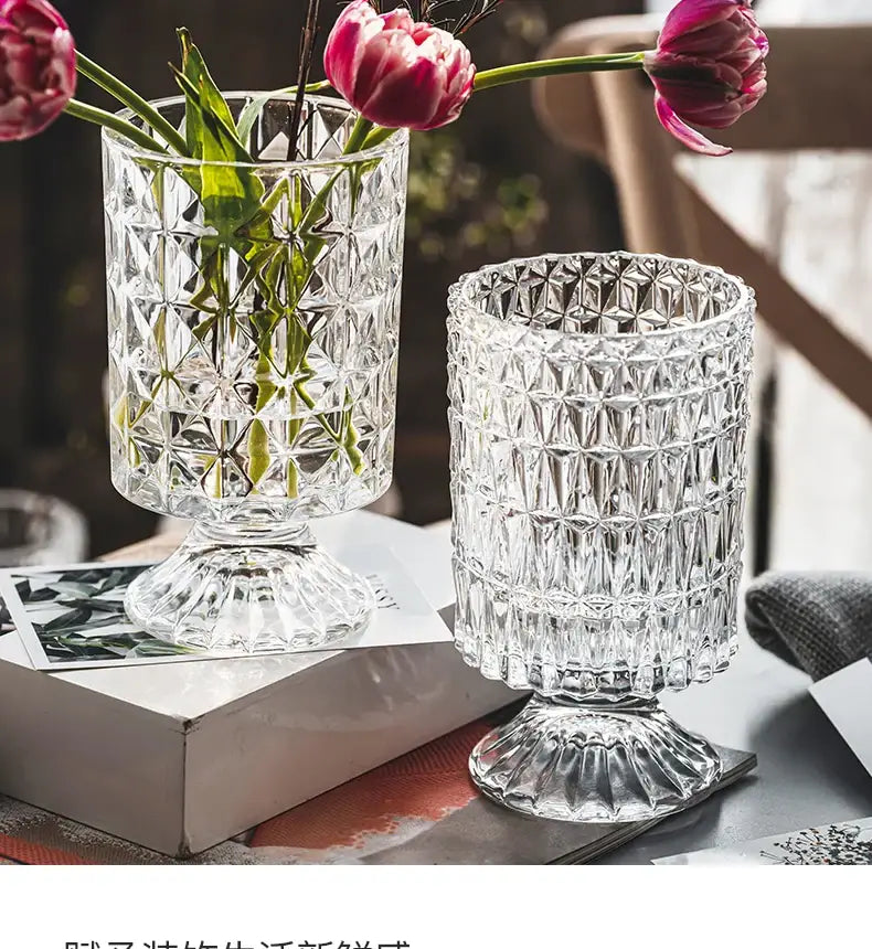 DecorBites™ elegant crystal glass vase with geometric faceted pattern and pedestal base for flower arrangement
