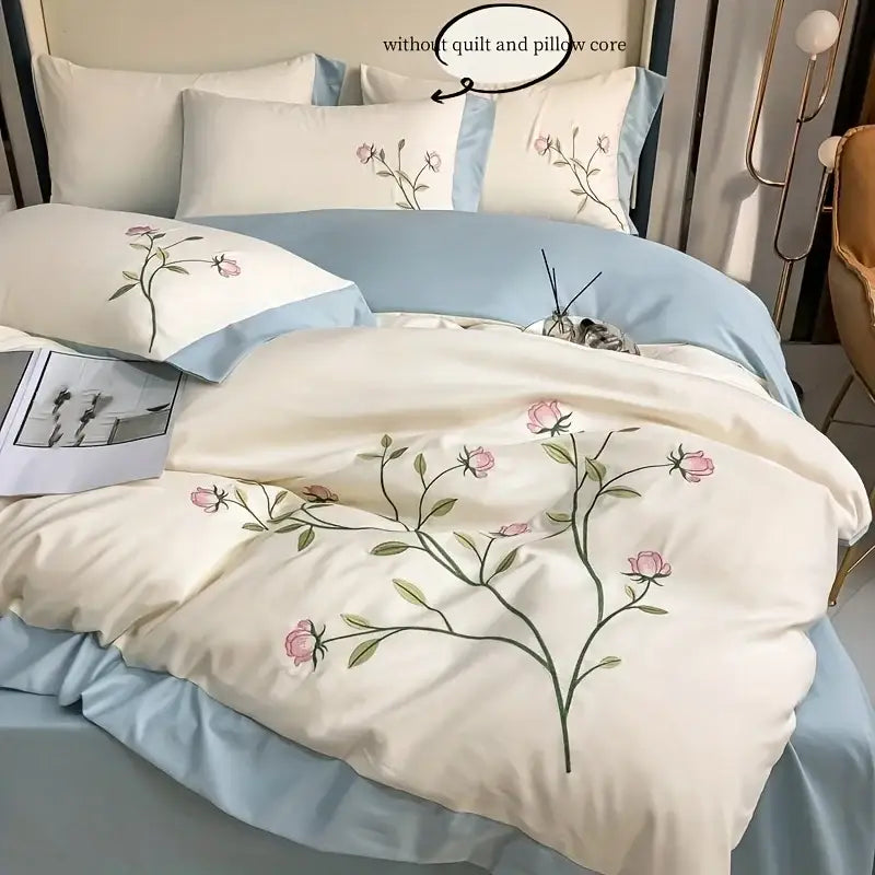 Cream-colored decorbites elegant embroidery duvet cover with pink rose embroidery and light blue piping 3 pieces set