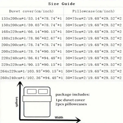 Size guide for decorbites™ elegant embroidery duvet cover set in blue pink showing dimensions for duvet cover and pillowcases