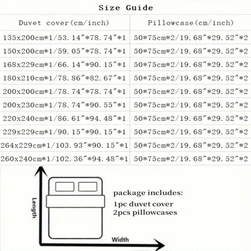 Size guide for decorbites™ elegant embroidery duvet cover set in blue pink showing dimensions for duvet cover and pillowcases