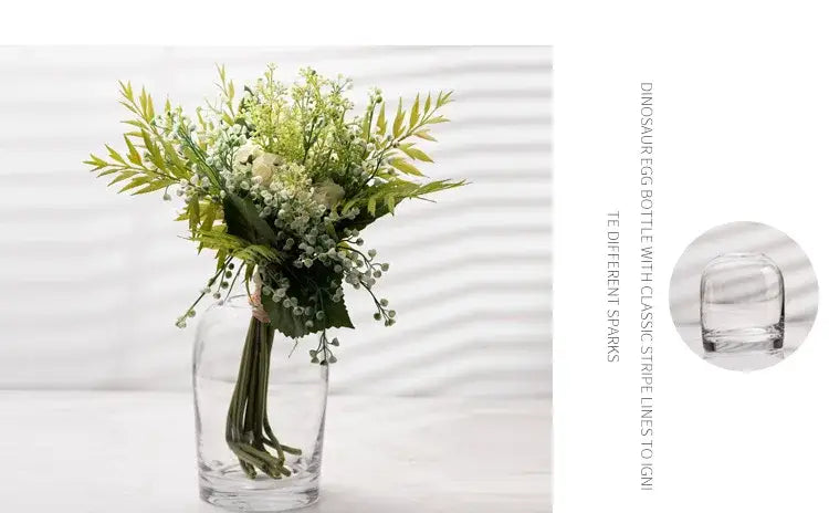 DecorBites elegant European ins clear glass flower vase shaped like a dinosaur egg with classic stripe lines to its rim