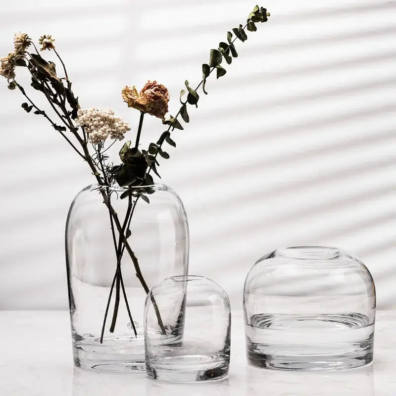 DecorBites™ elegant European INS clear glass flower vase with rounded bulbous body and thick base for floral display