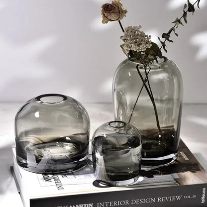 A set of three translucent gray glass flower vases with rounded dome shapes and subtle gradient from decorbites™ elegant european ins