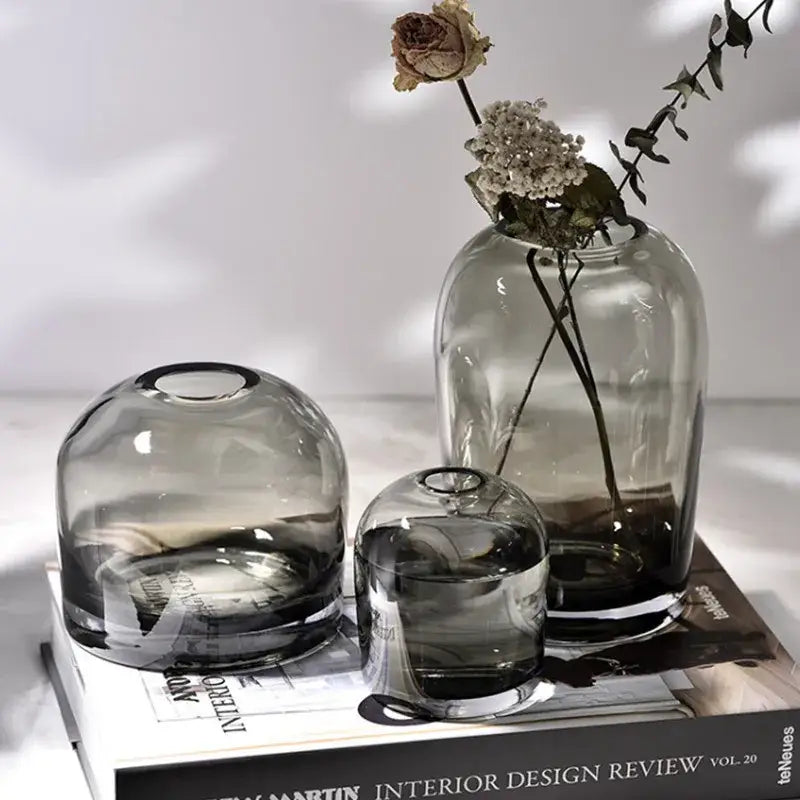 A set of three translucent gray glass flower vases with rounded dome shapes and subtle gradient from decorbites™ elegant european ins