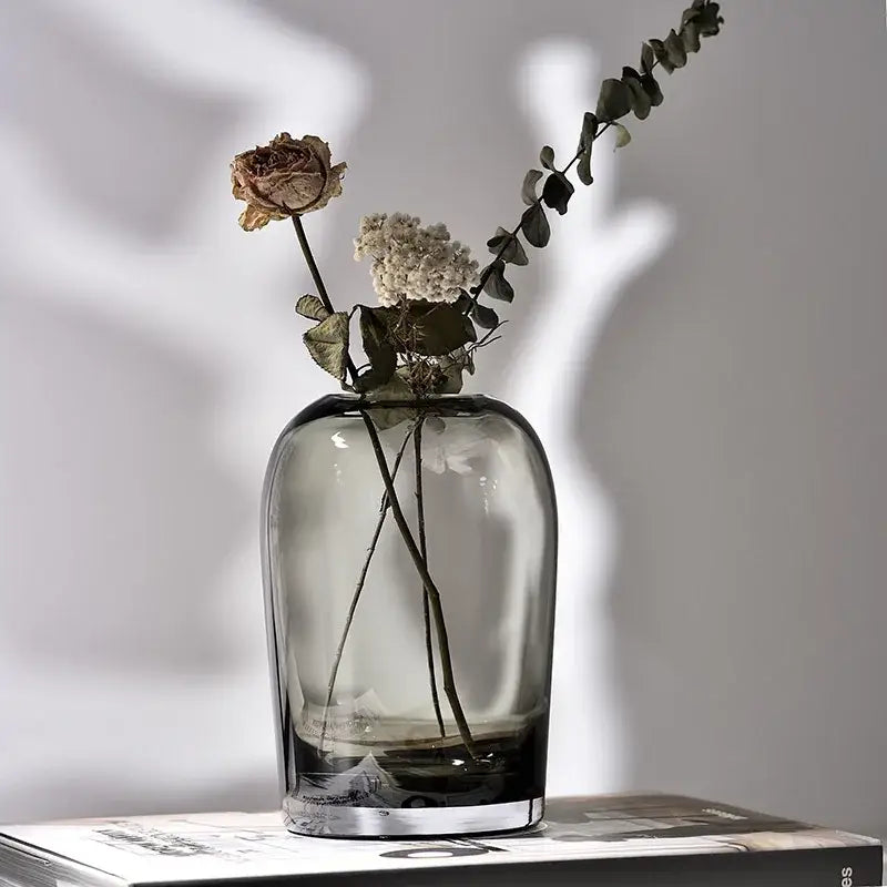 Decorbites™ elegant european ins sleek dark gray glass flower vase with rounded body and clear base holding dried flowers