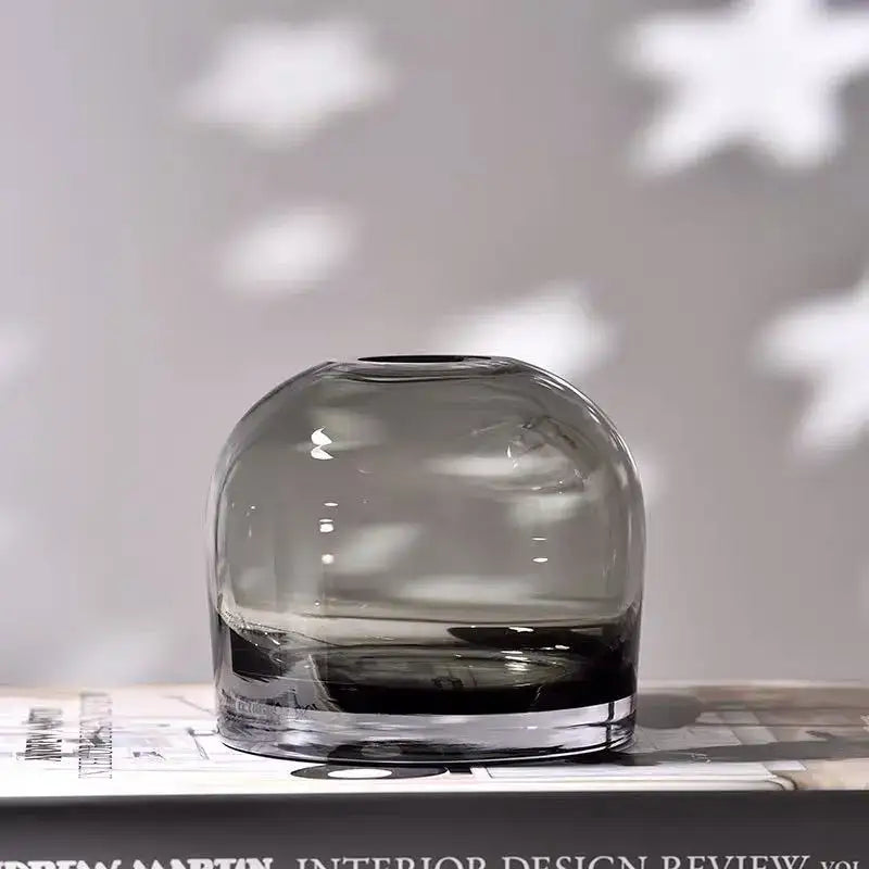 DecorBites™ Elegant European INS glass flower vase in translucent gray glass with a rounded dome shape and clear base