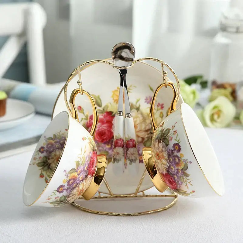 Decorbites elegant floral bone china tea cup set with white porcelain cups pink purple yellow patterns gold rims handles