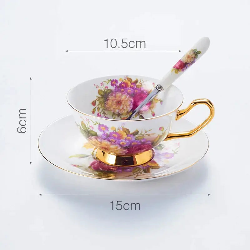 DecorBites elegant floral bone china tea cup set 200ml with vibrant purple pink yellow pattern and gold trim porcelain cup set