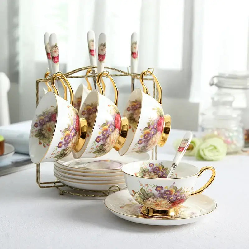 DecorBites™ elegant floral bone china tea cup set with gold-trimmed porcelain cup and matching saucer 200ml