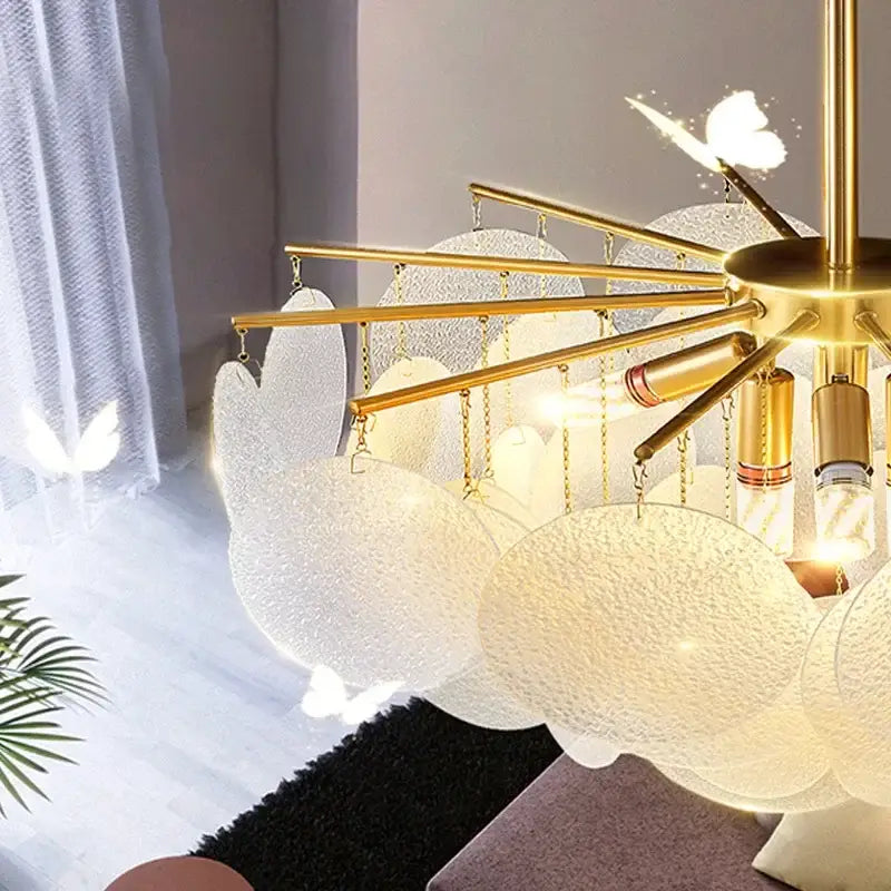 Golden decorbites elegant glass chandelier with frosted glass butterfly shades and exposed bulbs for bedroom lighting
