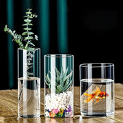 Decorbites™ elegant glass cylinder vase set featuring three clear glass cylinder vases with eucalyptus, succulent, and goldfish arrangements