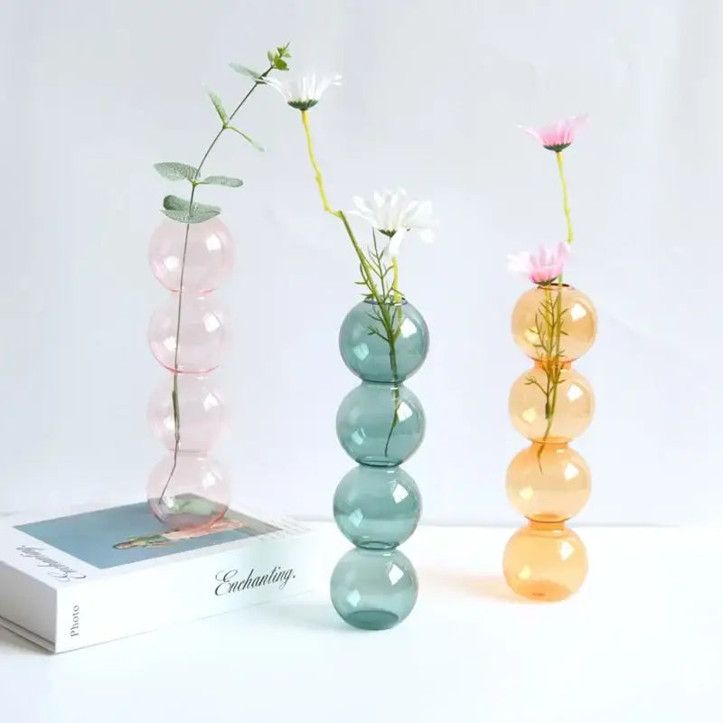 DecorBites elegant glass vase set of three stacked bubble vases in pastel pink teal green and amber orange for home decor