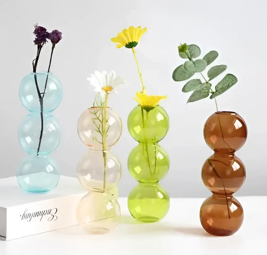 DecorBites™ elegant glass vase set in pastel blue, beige, and amber for stylish home decor accents with flowers
