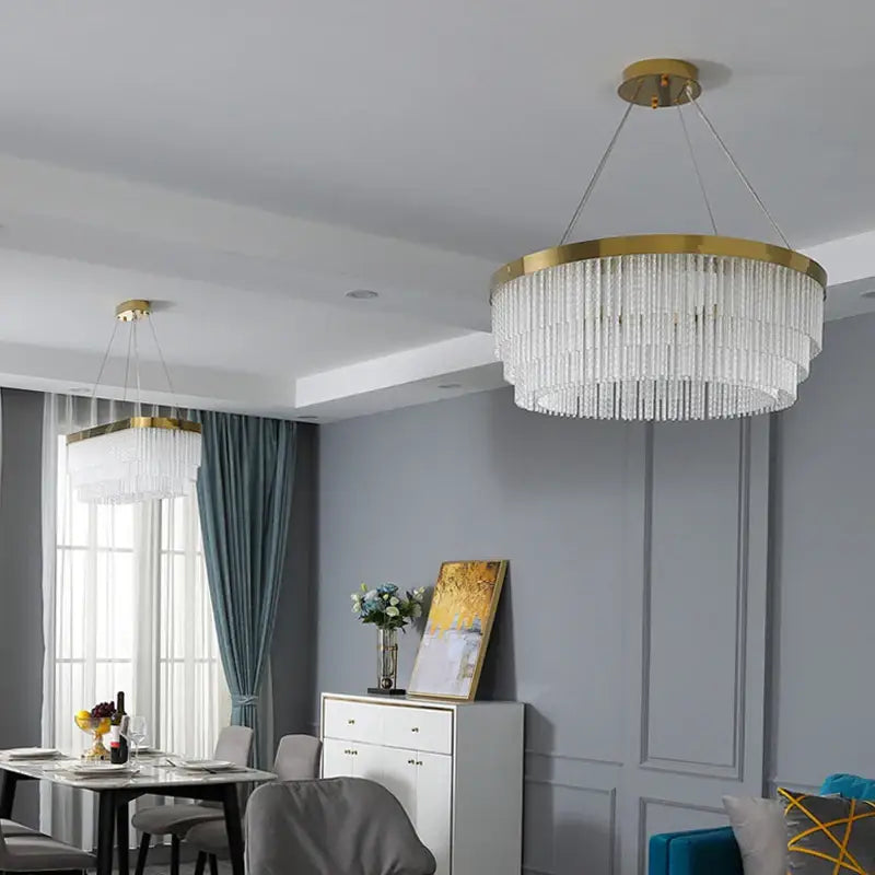 DecorBites elegant gold crystal chandelier with cascading clear crystal strands and modern gold luster finish for home lighting
