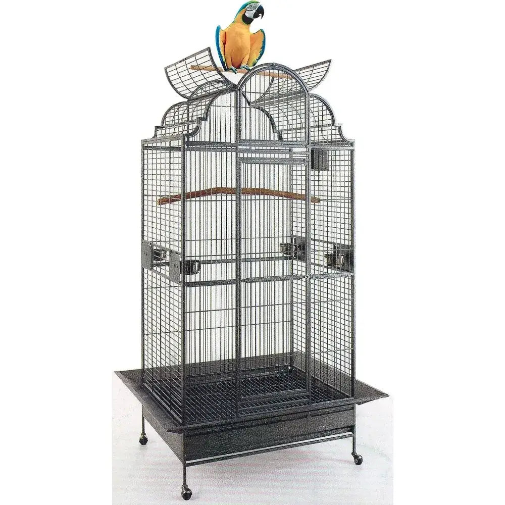 DecorBites elegant large black wrought iron solid metal bird parrot cage 24 inch wide with arched top and wheeled base
