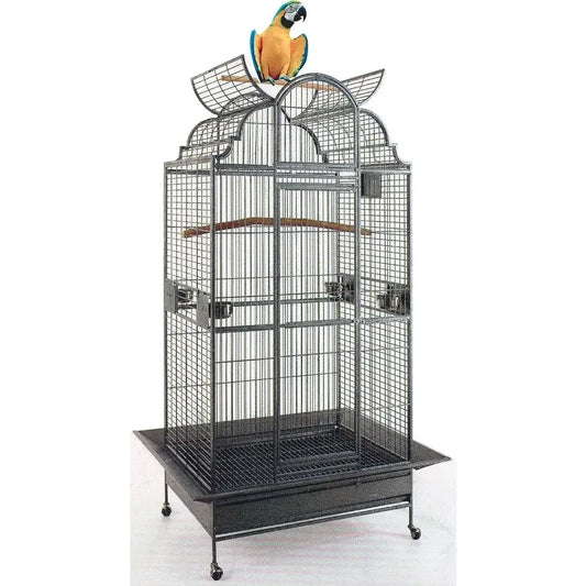 DecorBites elegant large black wrought iron solid metal bird parrot cage 24 inch wide with arched top and wheeled base