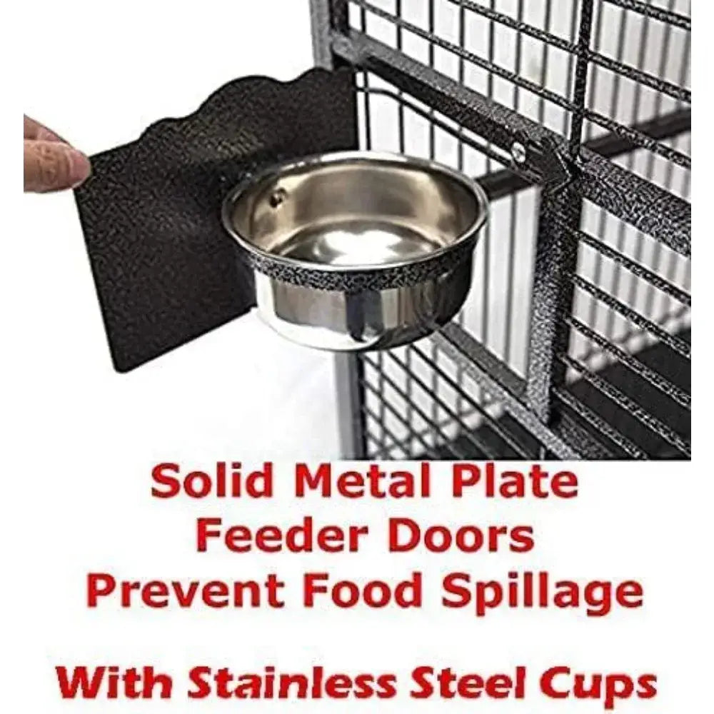 Black textured solid metal plate with stainless steel cup attached for cage feeder doors on decorbites™ wrought iron bird parrot cage