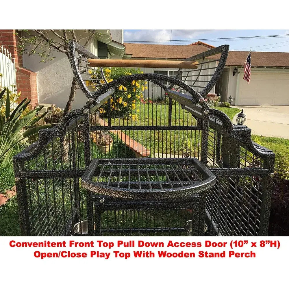 DecorBites™ elegant large wrought iron bird cage in black with ornate speckled finish and wooden perch for parrots