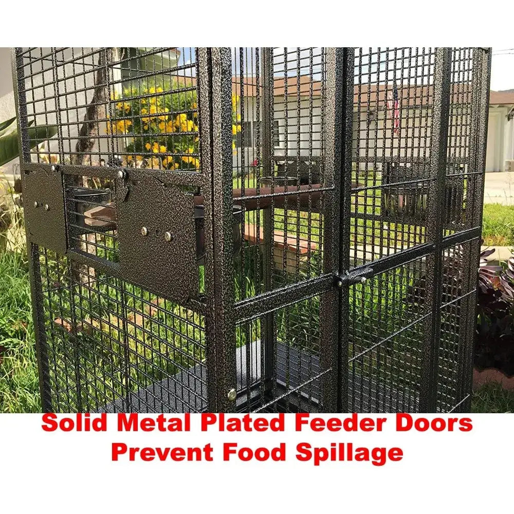 Black solid metal wrought iron bird parrot cage with plated feeder doors to prevent food spillage 24 inch wide