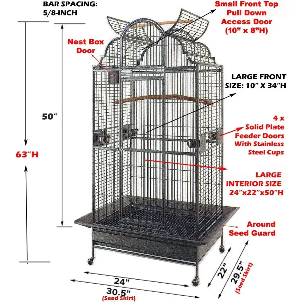 Black solid metal wrought iron bird parrot cage with arched top wooden perches feeders and wheeled base 24 inch wide