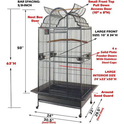 Black solid metal wrought iron bird parrot cage with arched top wooden perches feeders and wheeled base 24 inch wide