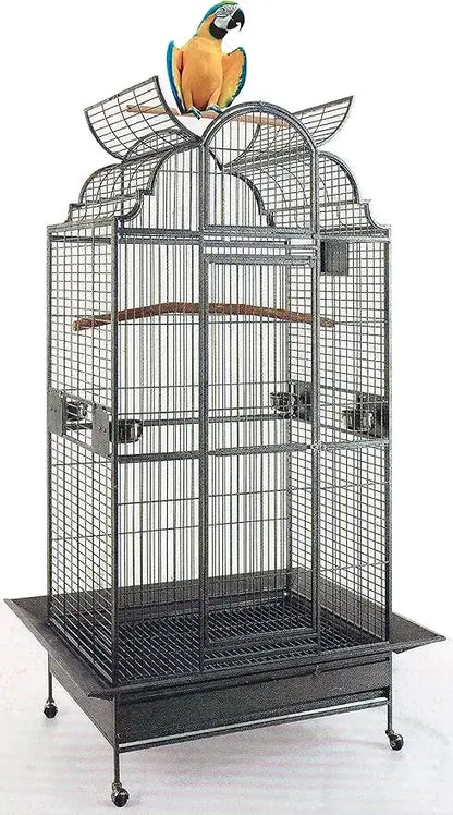 Black wrought iron solid metal bird parrot cage with arched top and wheeled base featuring colorful macaw perch