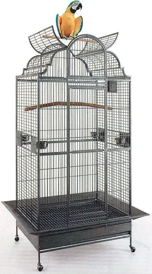 Black wrought iron solid metal bird parrot cage with arched top and wheeled base featuring colorful macaw perch