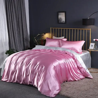 DecorBites elegant luxury bed set pink satin duvet cover pcs suitable for width bed with matching pillows and silver accent