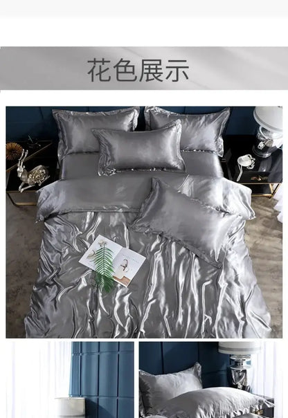 DecorBites™ elegant luxury bed set silver satin bed sheet with glossy finish ruffled edges pcs suitable for width bed