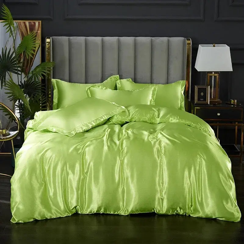 DecorBites elegant luxury luminous lime green satin bed sheet and duvet cover set with glossy smooth texture and matching pillows