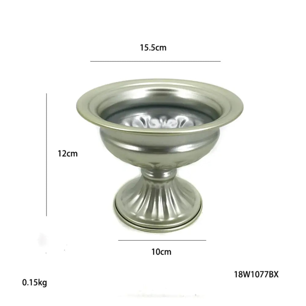 Silver metallic pedestal bowl with fluted base and decorative inner rim for decorbites metal flower vase candle holders