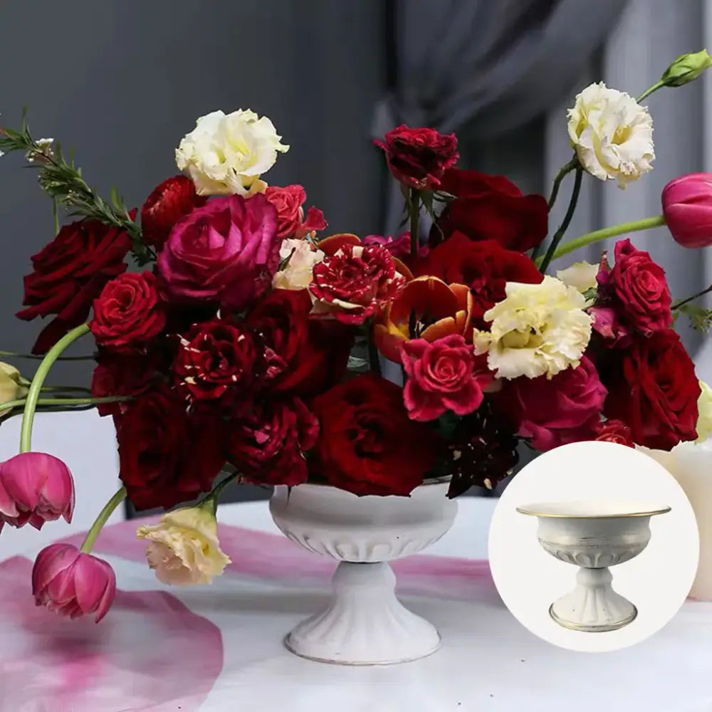 White ceramic pedestal flower vase with gold rim and fluted detailing in decorbites elegant metal flower vase collection